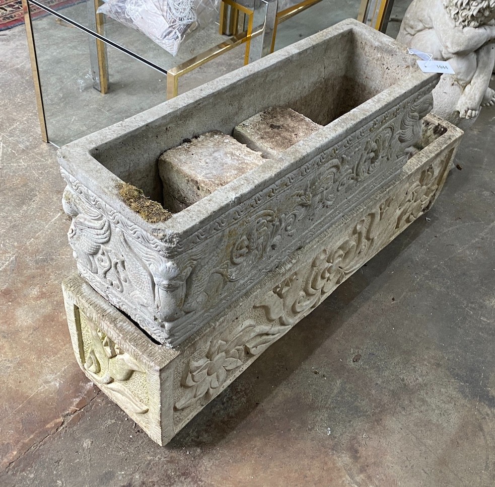Two rectangular reconstituted stone garden planters, one with block feet, larger width 98cm, depth 25cm, height 25cm